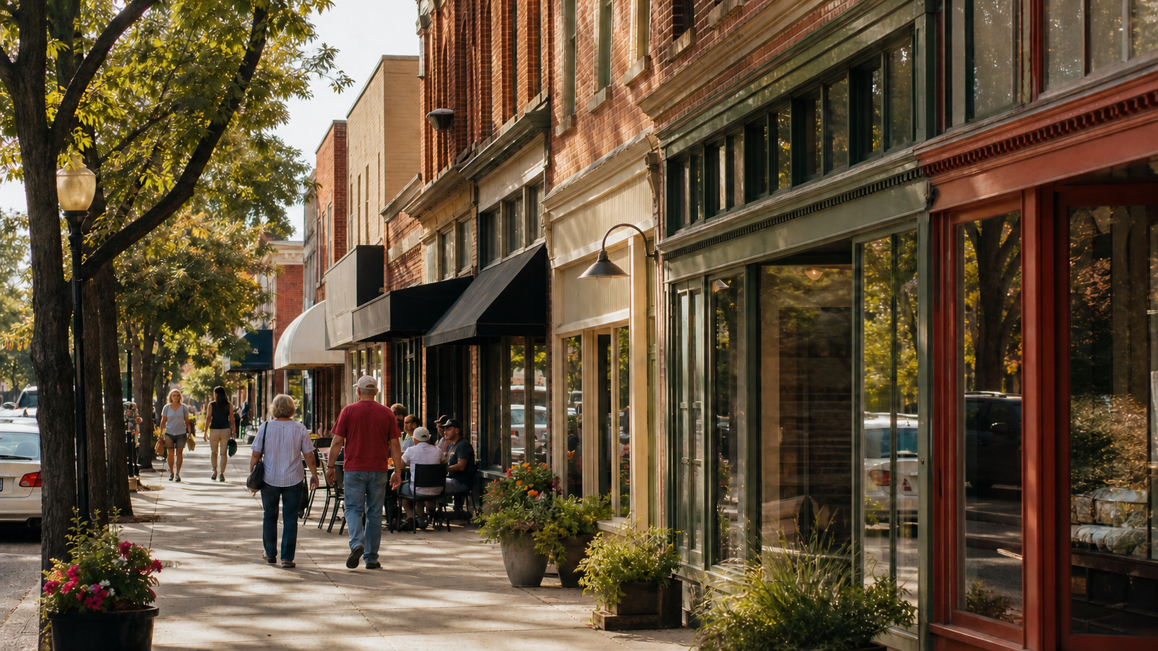 Independent storefronts and pedestrians along a downtown block
