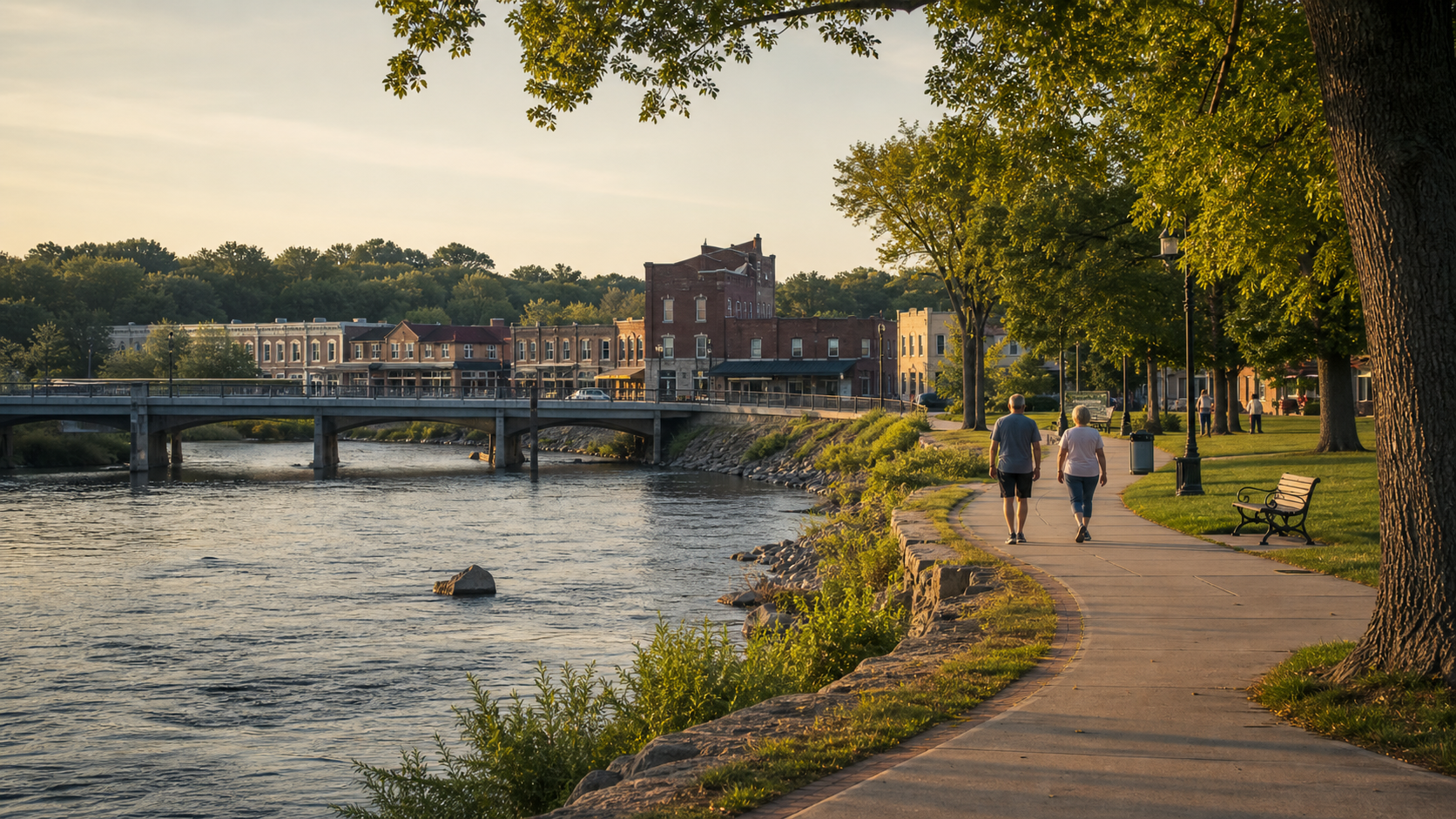 A riverfront leading toward a historic downtown